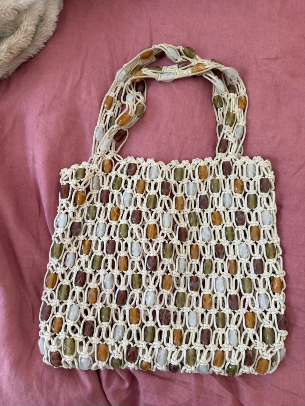 Handmade Beaded Crochet Tote Bag - Cream with Earth Tone Beads
